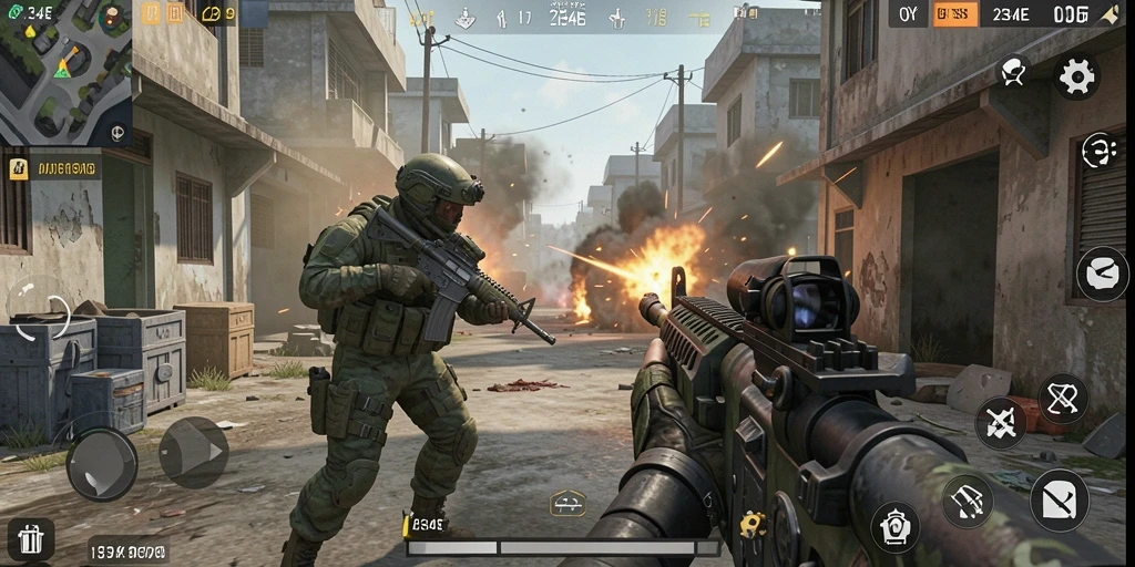Screenshot 234E menampilkan aksi seru dalam pertempuran FPS.