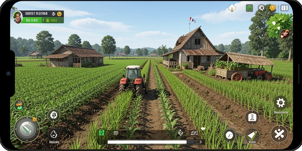 Tampilan gameplay 6RT dengan aktivitas bertani yang seru.