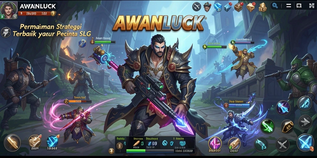 Screenshot gameplay AWANLUCK menampilkan pertempuran mendebarkan dan pengelolaan sumber daya.