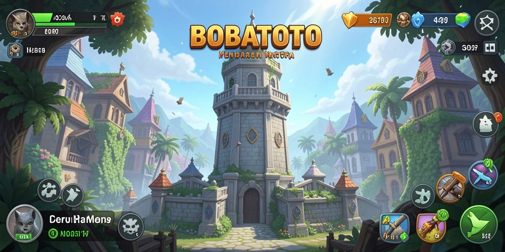 Screenshot utama BOBATOTO menampilkan aksi pertahanan menara yang intens.